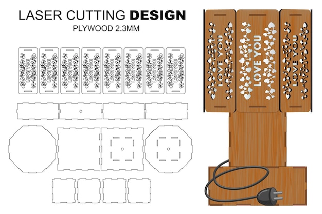 Vecteur gabarit découpé au laser pour la lampe lampe de table et texte d'amour élégante lampe de nuit contreplaqué 23 mm
