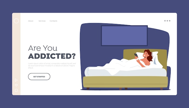 Gadget Addiction Landing Page Template Personnage Féminin Détendez-vous Au Lit Avec Un Téléphone Discutant Avec Des Amis Communiquez