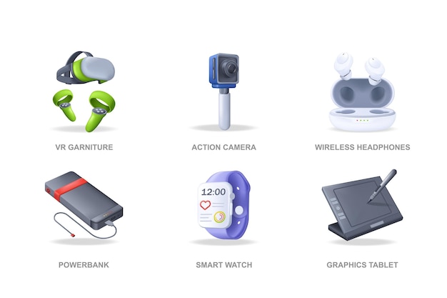 Vecteur gadgets d icônes définies dans un pack de conception moderne éléments isolés de la caméra d'action vr garniture sans fil h