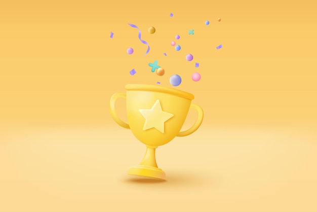 Gagnants 3d minimaux avec des étoiles gagnantes d'or de la coupe d'or avec des objets flottant sur fond d'or Concept de cérémonie de remise des prix avec rendu vectoriel 3d de style dessin animé isolé sur fond jaune pastel