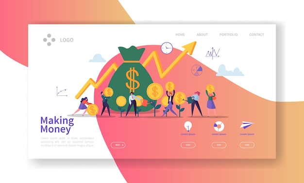 Gagner de l'argent sur la page de destination. Bannière d'investissement commercial avec des personnages de personnes, modèle de site Web d'économie d'argent.