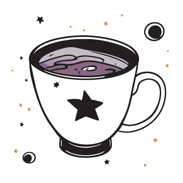 Vecteur galaxie à l'intérieur d'une tasse de thé dessin animé dessiné à la main autocollant icône concept illustration isolée