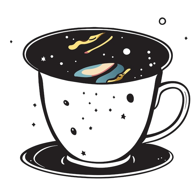 Vecteur galaxie à l'intérieur d'une tasse de thé dessin animé dessiné à la main autocollant icône concept illustration isolée