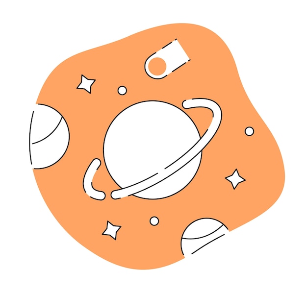 Galaxie avec planètes et étoiles autocollant vectoriel plat monochrome comète en chute icône de ligne mince en noir et blanc modifiable Illustration de spot de clip-art de dessin animé simple pour la conception graphique Web