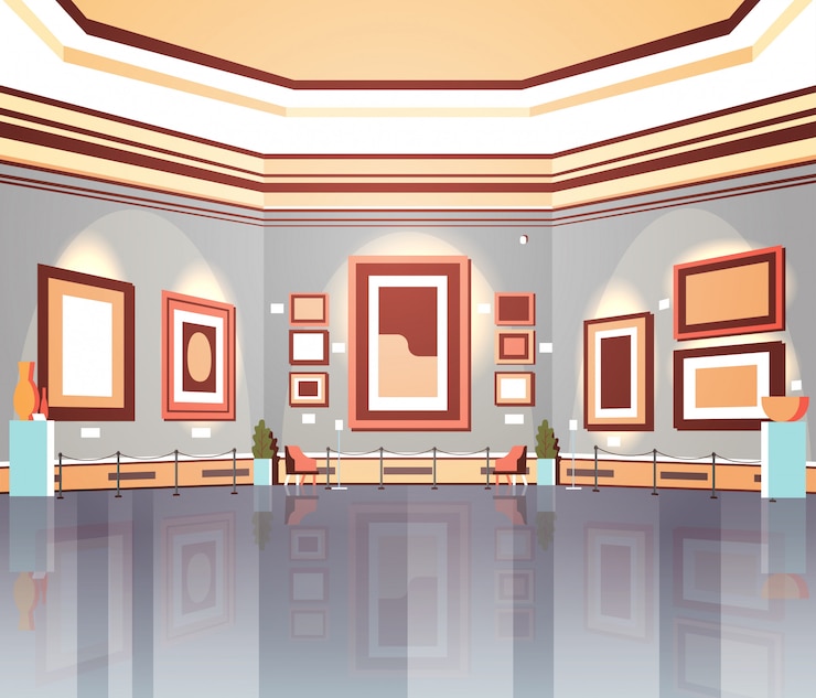 Vecteur galerie d'art moderne à l'intérieur du musée créative peintures contemporaines oeuvres d'art ou expositions à plat