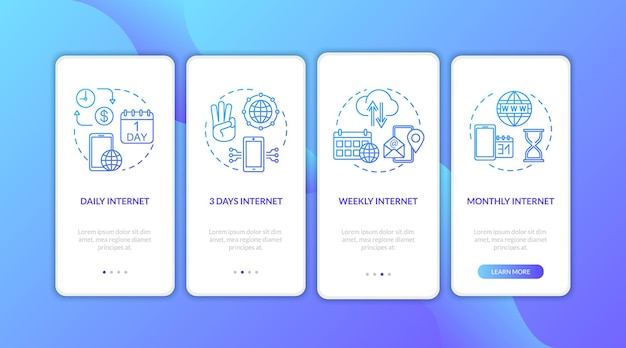 La gamme de tarifs Internet intègre l'écran de la page de l'application mobile avec des concepts. Instructions graphiques en 4 étapes payantes quotidiennes, hebdomadaires et mensuelles. Modèle vectoriel d'interface utilisateur avec illustrations en couleur RVB
