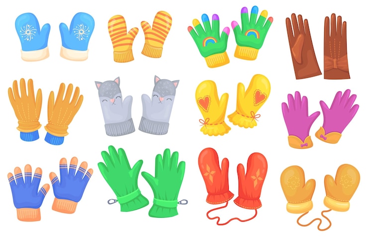 Vecteur gants d'hiver de dessin animé gants de mode pour les gants de dessin animé d'hiver froid mitaines tricotées mains d'emballage dans des gants de football en cuir mitaines