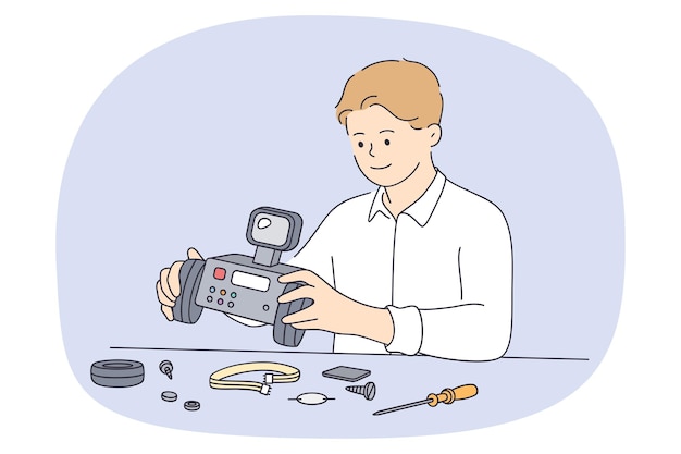 Un Garçon Adolescent S'assoit à La Table Du Robot De Réparation Lui-même Un Petit Enfant Intelligent Apprécie L'activité De Passe-temps Fixe L'assistant Robotique Ingénierie Et Programmation Pour Le Concept D'enfants Illustration Vectorielle Plane