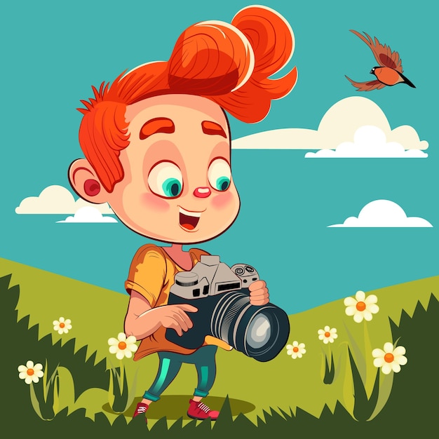Un garçon avec un appareil photo dans ses mains tient un appareil photo.