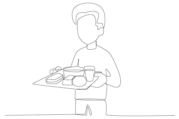 Un garçon apporte un menu complet de déjeuners Déjeuner à l'école un dessin au trait