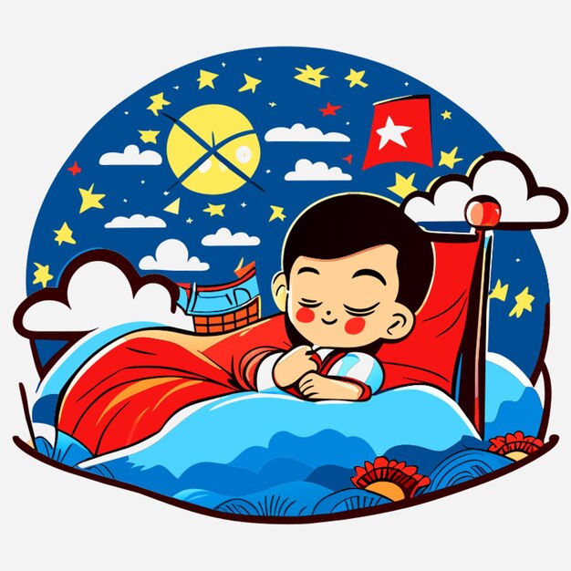 Un Garçon Asiatique Dort Sur Le Lit Pas De Dessin Animé Vectoriel Bg