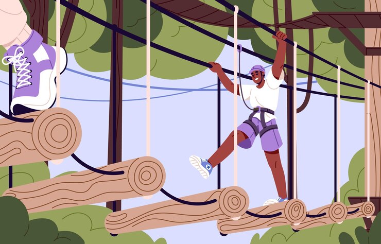 Garçon avec assurance grimpe dans un parc de corde Un jeune homme en casque surmonte des défis sur un parcours d'obstacles Une personne marche sur un pont de bûches entre les arbres dans la forêt Récréation active Illustration vectorielle plate