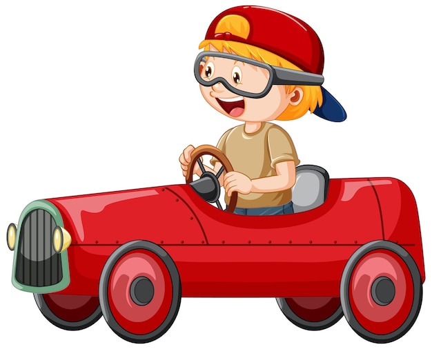 Vecteur un garçon au volant d'un jouet de voiture mini sur fond blanc