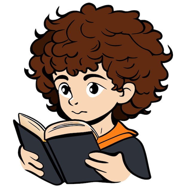 Vecteur garçon aux cheveux bouclés lisant une illustration de livre