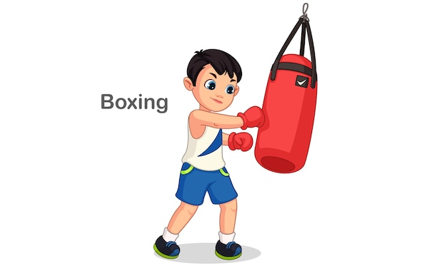 Vecteur garçon de boxe avec illustration de sac de boxe