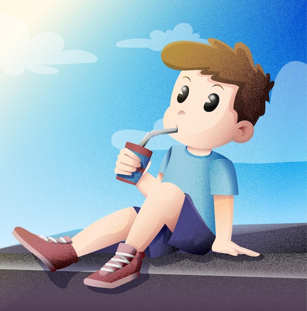 Vecteur garçon buvant dessin animé avec fond de paysage