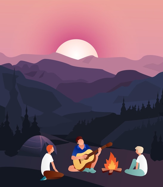 Garçon de camp d'été jouant de la guitare Amis près d'un feu de camp avec tente Vacances d'été activités de randonnée