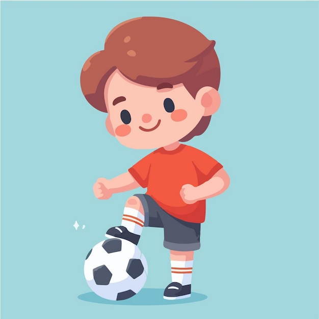 Vecteur un garçon avec une chemise rouge et des shorts joue avec un ballon de football