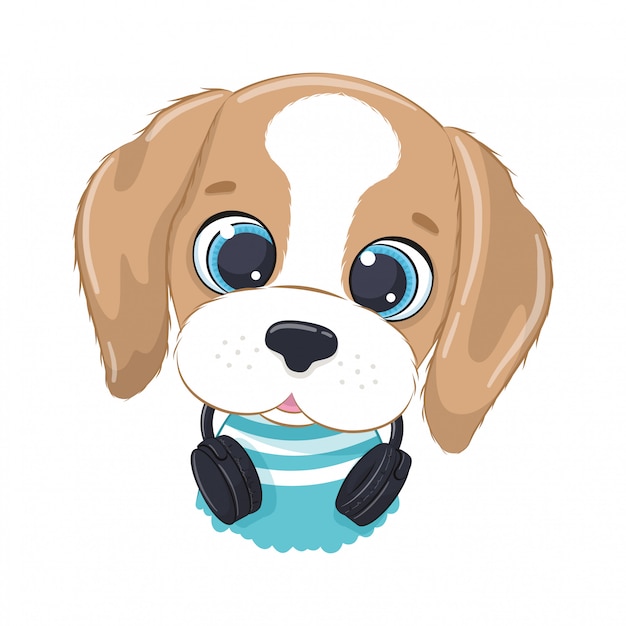 Garçon De Chien De Dessin Animé Mignon Avec Un Casque écouter De La Musique