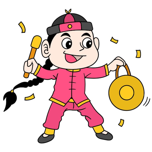 Un Garçon Chinois Célèbre Le Nouvel An Chinois En Frappant Le Gong, Dessine Un Griffonnage Kawaii. Illustration