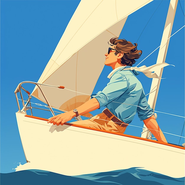 Vecteur un garçon de copenhague navigue sur un catamaran dans le style des dessins animés