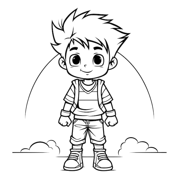 Vecteur le garçon en costume de super-héros vector d'illustration de dessins animés en noir et blanc