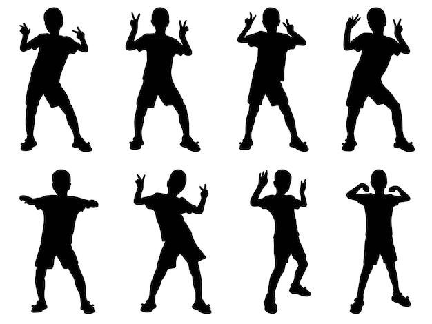 Garçon dansant et s'amusant autour de silhouettes ensemble gars abstrait dans différentes poses collection d'ombres d'encre illustration vectorielle de clip art enfant mâle