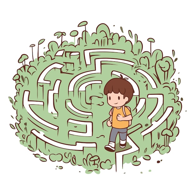 Vecteur un garçon de dessin animé au milieu d'un labyrinthe