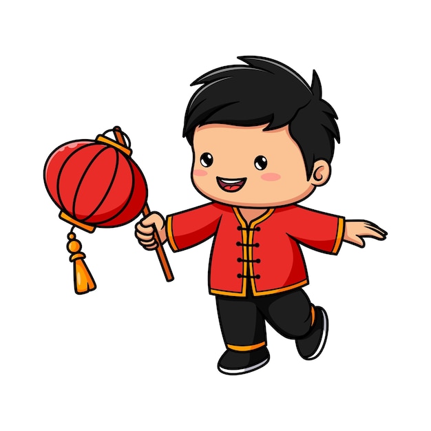 Vecteur garçon de dessin animé célébrant le nouvel an chinois en tenant une lanterne