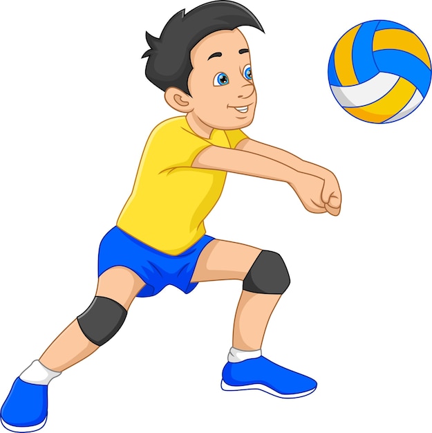 garçon de dessin animé jouant au volley-ball sur blanc