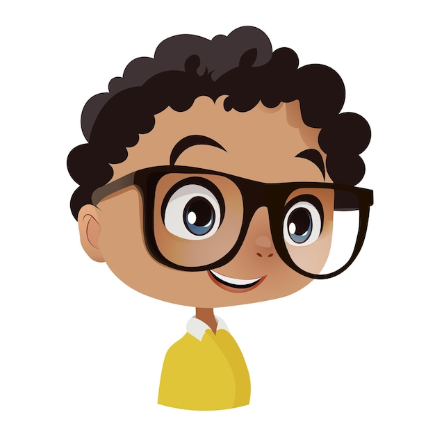 Garçon de dessin animé mignon souriant avec des lunettes et une chemise jaune