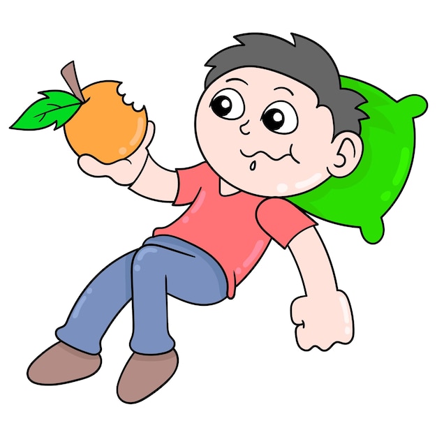 Le Garçon Dort En Mangeant Des Oranges, Art D'illustration Vectorielle. Doodle Icône Image Kawaii.