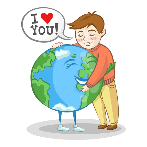 Vecteur un garçon embrasse la planète terre et lui avoue son amour illustration vectorielle du jour de la terre 22 avril