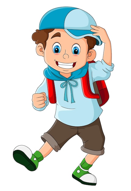 Vecteur le garçon étudiant est prêt pour aller à l'école avec le pull bleu