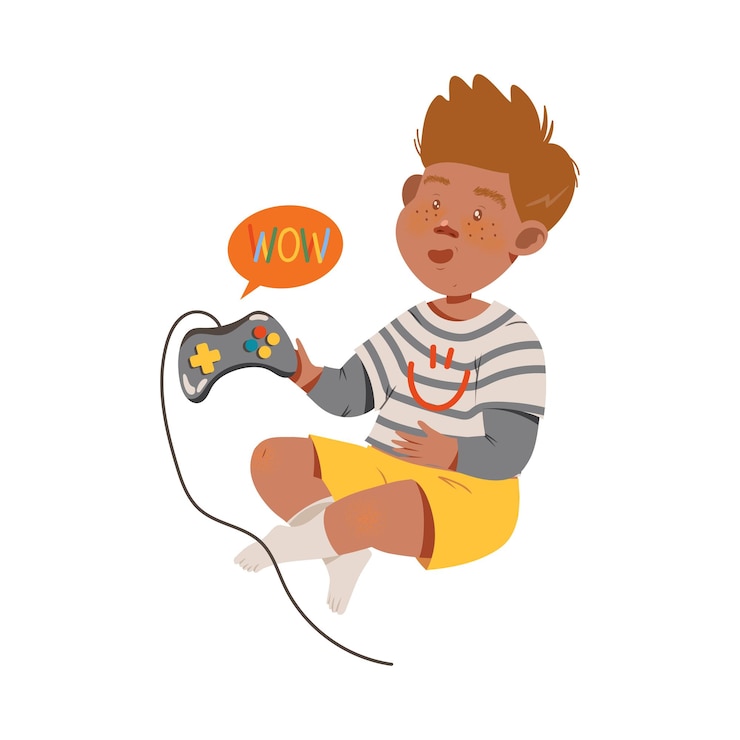 Vecteur garçon excité assis sur le sol et jouant à un jeu vidéo avec une illustration vectorielle du panneau de console