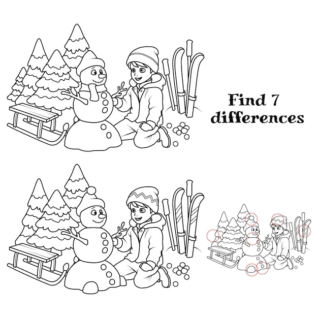 Vecteur un garçon fait un bonhomme de neige trouver 7 tâches de différences pour les enfants illustration vectorielle