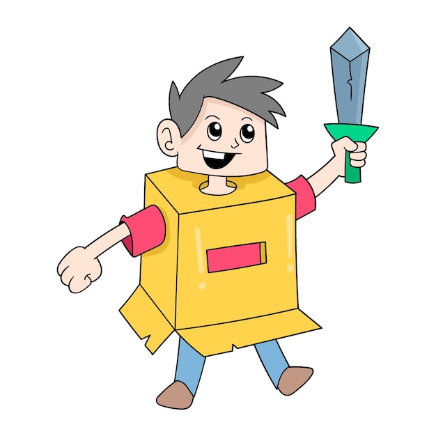 Garçon Fantasme Vêtu D'un Costume En Carton Portant Une épée De Guerrier Doodle Icône Image Kawaii