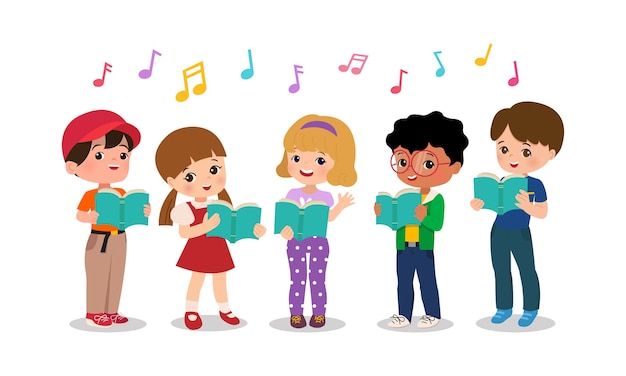 Garçon et fille chantant ensemble. Groupe de chorale de l'école maternelle. Clipart enfants. Caricature de style plat isolé.