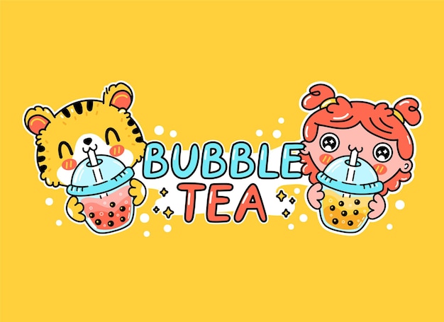 Un Garçon Et Une Fille Drôles Mignons Boivent Du Thé à Bulles Dans Une Tasse. Vector Hand Drawn Cartoon Kawaii Character Illustration Autocollant Logo Icône. Boba Asiatique, Concept D'affiche De Logo De Personnage De Dessin Animé De Boisson Au Thé à Bulles