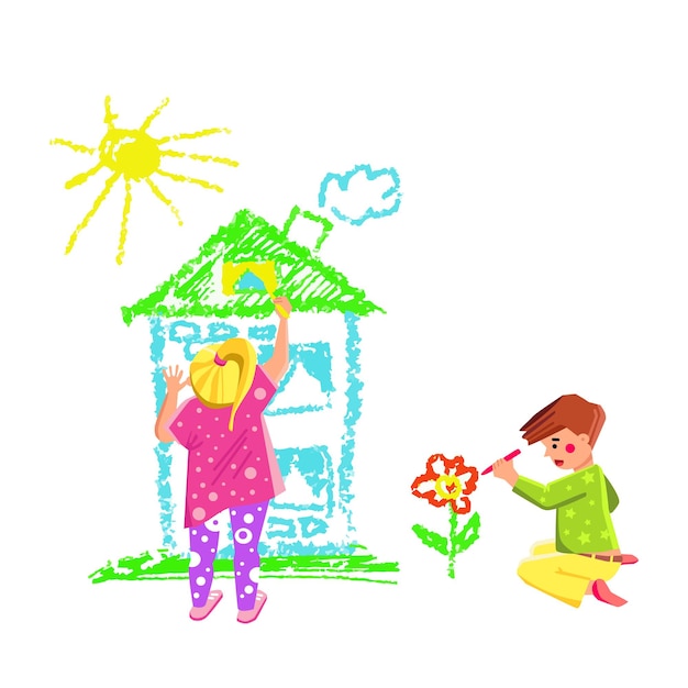 Garçon Et Fille Enfants Dessin Avec Crayon Vector. Un écolier et une écolière dessinent une maison, un soleil et une fleur sur le mur avec un crayon multicolore. personnages, gosses, peinture, plat, dessin animé, illustration