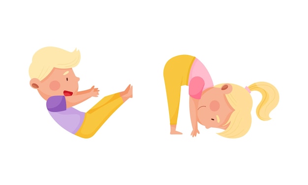 Un garçon et une fille mignons faisant du yoga dans des poses différentes illustration vectorielle de dessin animé