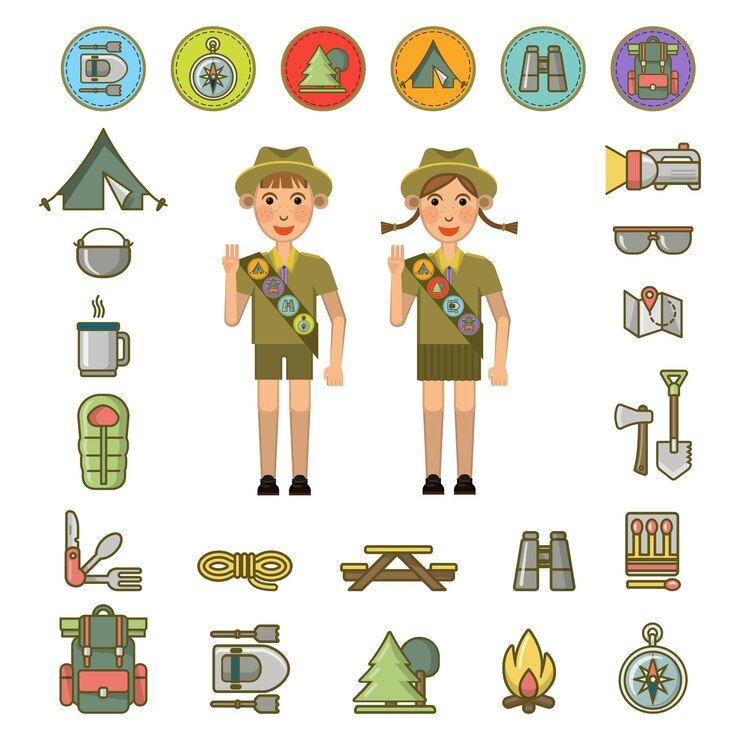 Vecteur garçon et fille scouts montrant le geste de la main d'honneur et l'ensemble d'équipement nécessaire et les signes autour de l'affiche colorée vectorielle. camping d'été enfants