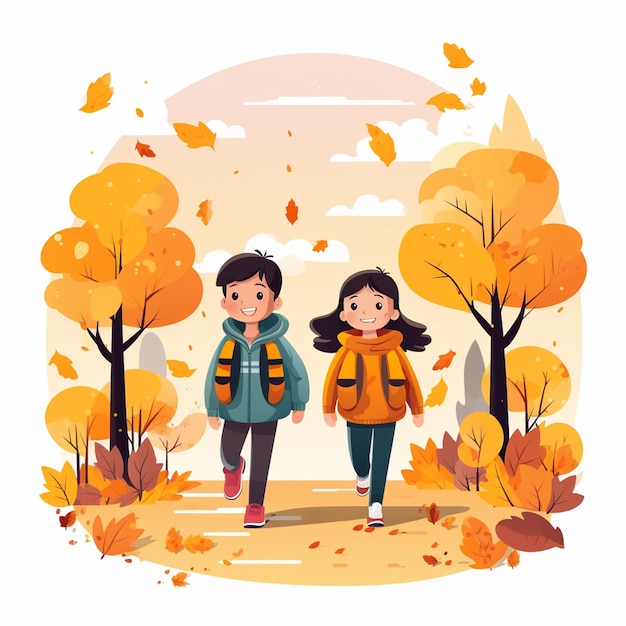 Vecteur un garçon et une fille se promènent dans le parc d'automne