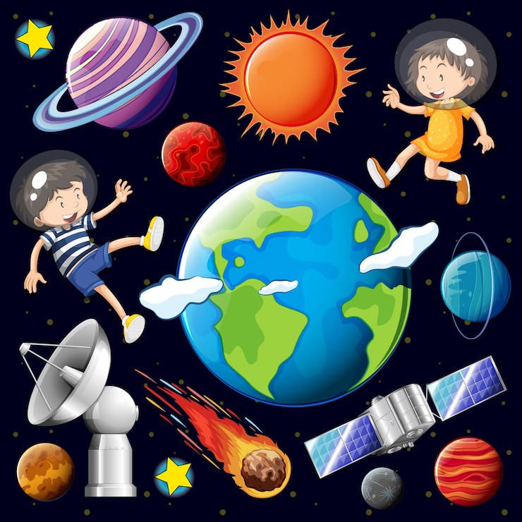 Vecteur garçon et fille volant dans l&#39;espace avec de nombreuses planètes