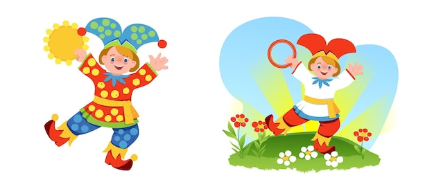 Un Garçon Gai Dans Un Costume Folklorique Avec Un Bouffon De Clown Tambourin Dans Un Chapeau Coloré Avec Des Cloches L'illustration Convient Aux Livres Pour Enfants Cartes Images Pour Vêtements Pour Enfants