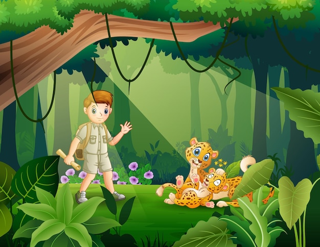 Garçon Et Guépard D'explorateur Dans L'illustration De Jungle