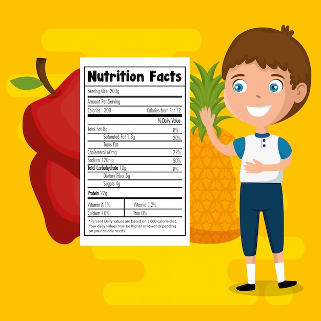 Vecteur garçon heureux avec des faits nutritionnels