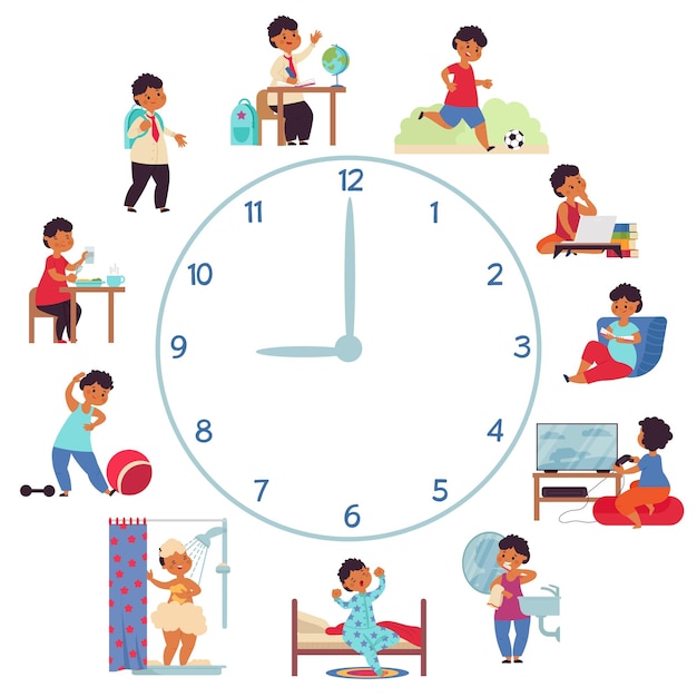 Vecteur garçon horaire quotidien activité jeunes enfants lavage du matin hygiène isolé adorable bébé élève de l'école activités de jour concept de vecteur décent