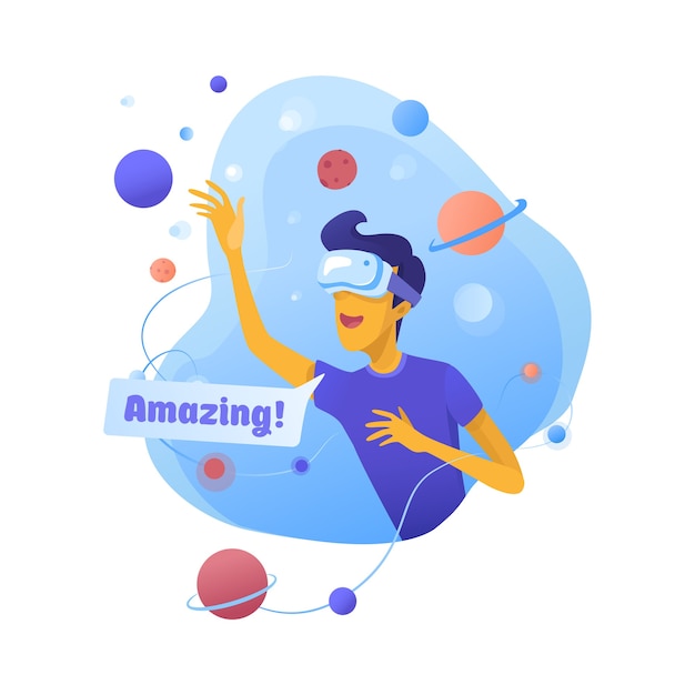 Garçon en illustration de dessin animé de lunettes VR. Homme testant des cliparts de dispositif de casque. Adolescent surpris par la simulation de réalité virtuelle. Jeu de science-fiction. Planètes, espace, univers. Divertissement moderne