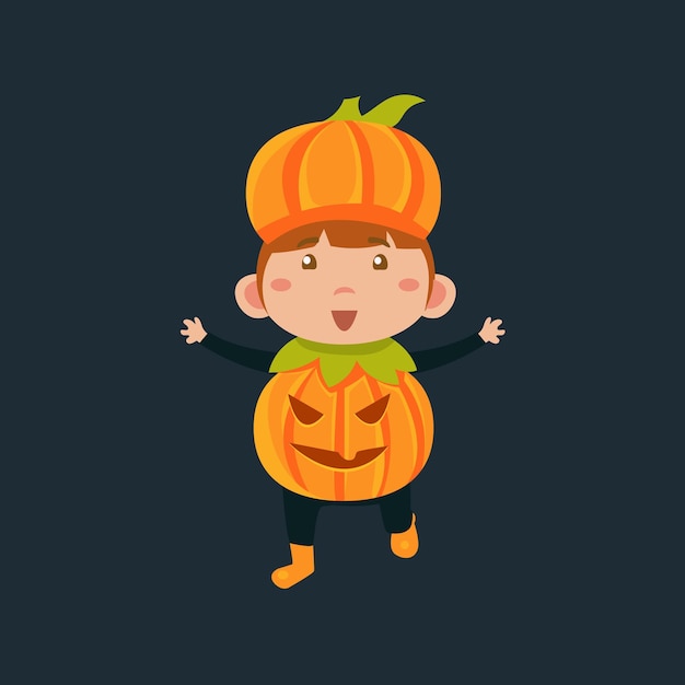 Garçon En Jack Pumpkinhead Haloween Déguisement Drôle Plat Vector Illustration Sur Fond Sombre